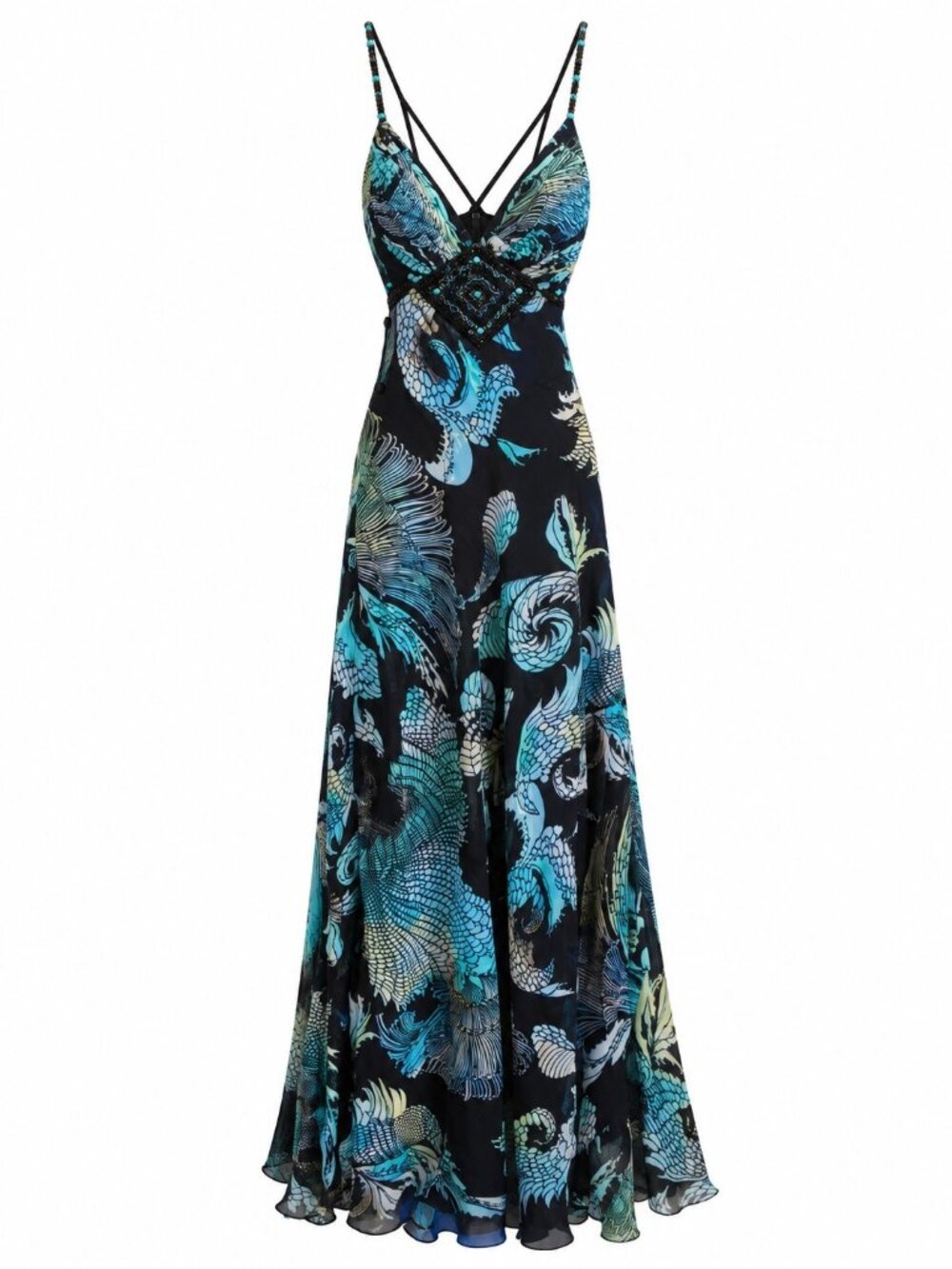 Dave & Johnny Black & Teal Silk Maxi Dress With Beaded Bodice & Strappy Back Siz